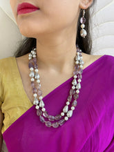 Semi Precious Amethyst And Pearls Fancy Beads Necklace For Women - Purple Beads Necklace